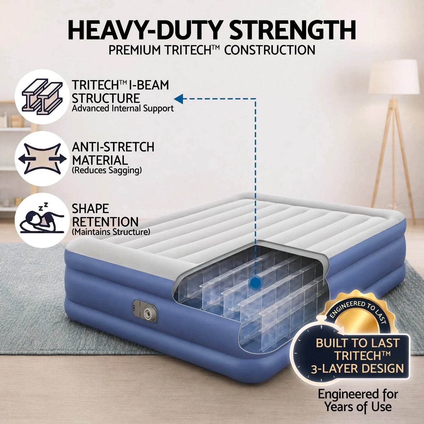 Bestway Queen Air Mattress with Built-in Pump Tritech Inflatable Bed 56cm - Image 4