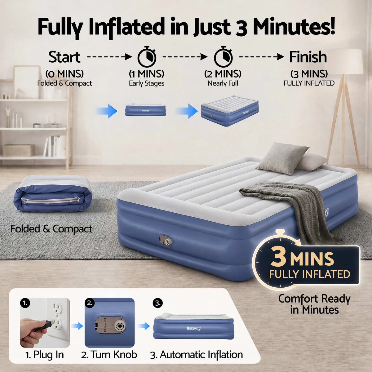 Bestway Queen Air Mattress with Built-in Pump Tritech Inflatable Bed 56cm - Image 5