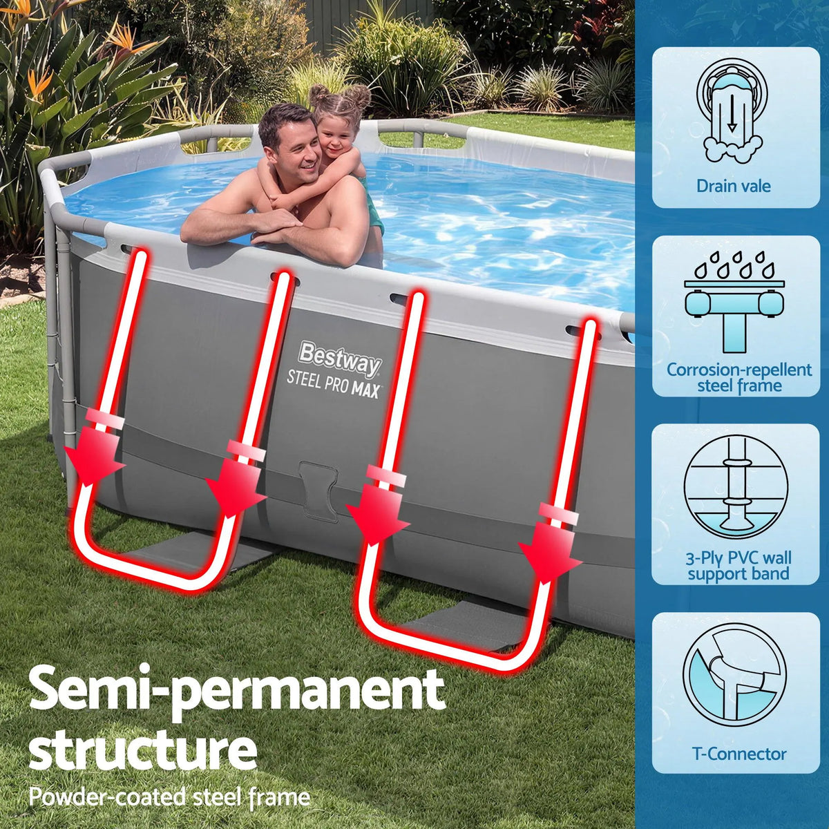 Bestway Swimming Pools 305cm x 200cm x 84cm Steel Above Ground Backyard Pool Set - Image 5