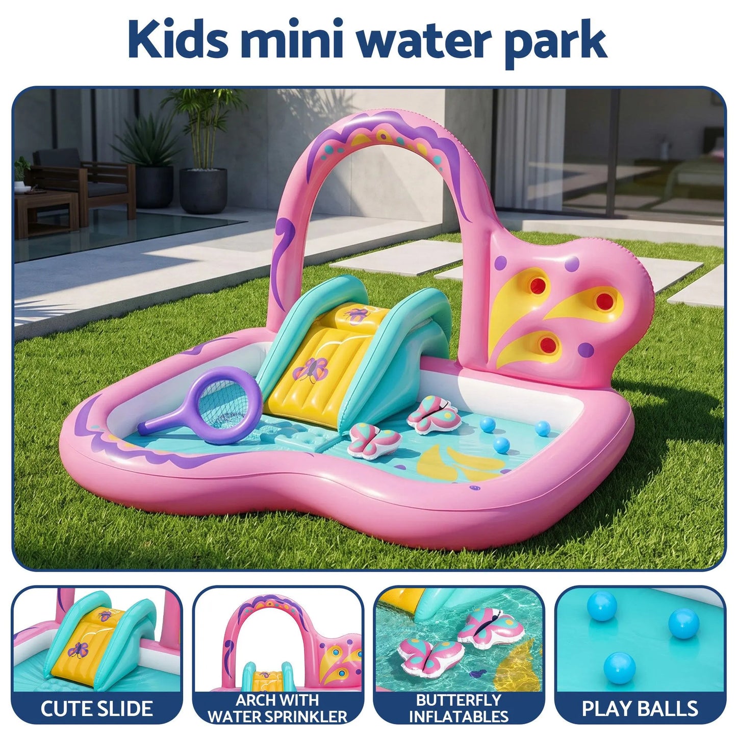 Bestway Inflatable Butterfly Kids Play Pool Park with Slide 180cm Pink - Image 4