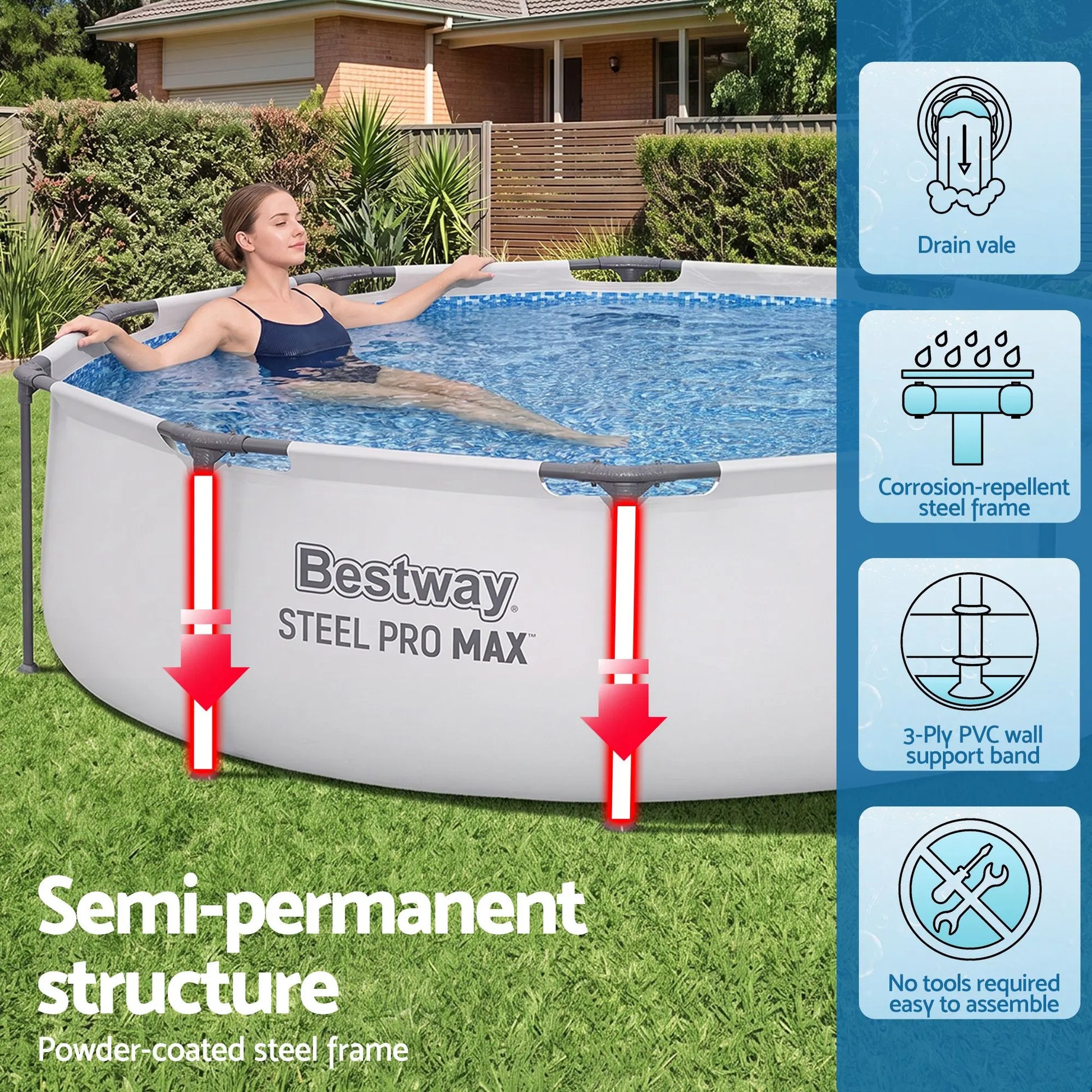 Bestway 305CM Swimming Pools Steel Above Ground Round Backyard Pool Set White - Image 6