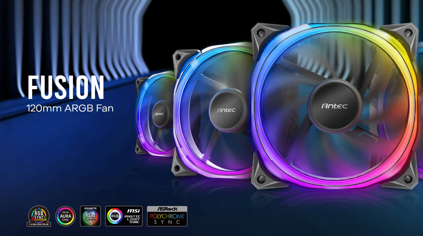 Antec Fusion 120mm ARGB PWM HB Fan, Airflow 57.93 CFM, Air Pressure 2.11, Noise Level 31.21. Wove...