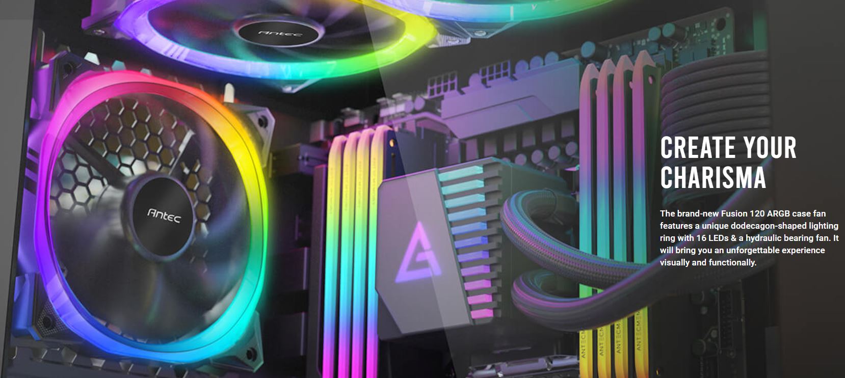 Antec Fusion 3x 120mm ARGB PWM HB Fan + ARGB Controller, 57.93 CFM, AP 2.11, Noise Level 31.21. W...