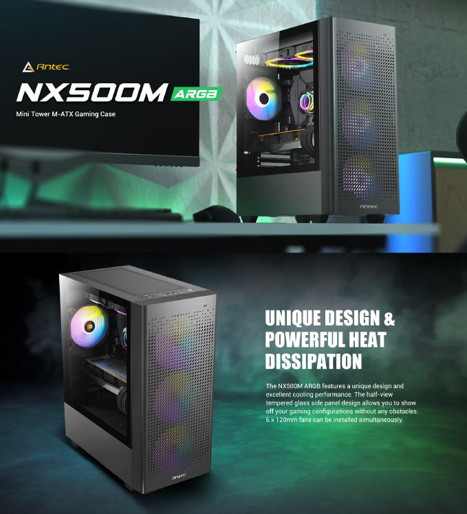 Antec NX500M ARGB  mATX, Mesh, USB-C, 3x ARGB 120mm, USB 3.0, HD Audio, 360mm Radiator Front  240...