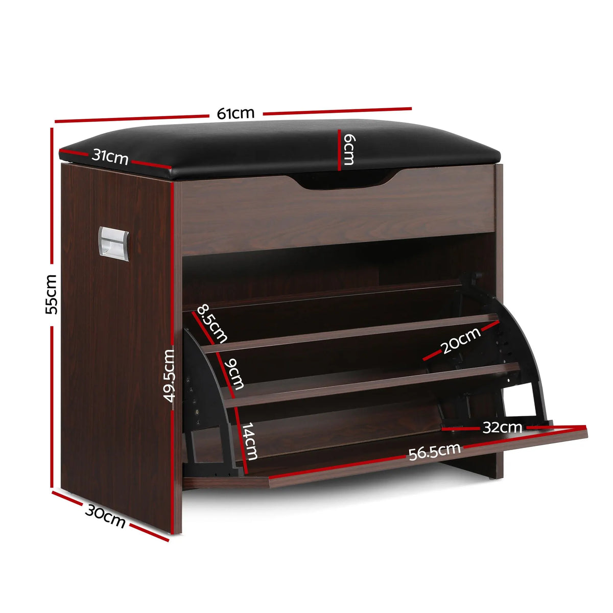 Artiss 2x Shoe Bench Set Flip Drawer Walnut - Image 3