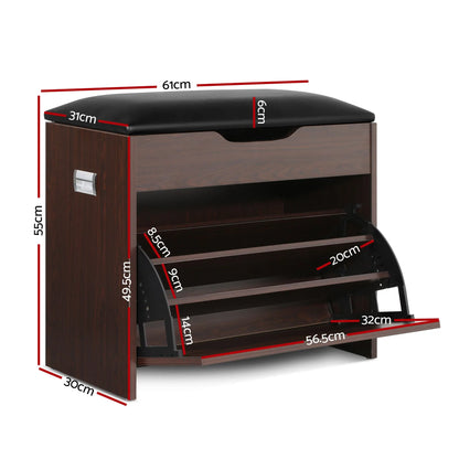 Artiss 2x Shoe Bench Set Flip Drawer Walnut - Image 3