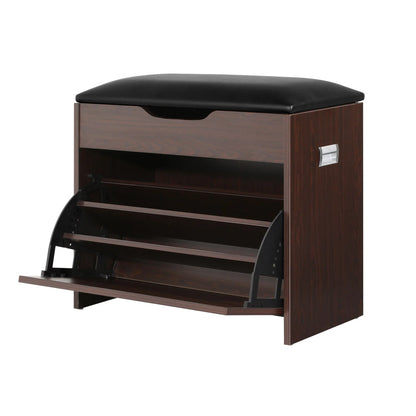 Artiss 2x Shoe Bench Set Flip Drawer Walnut - Image 4