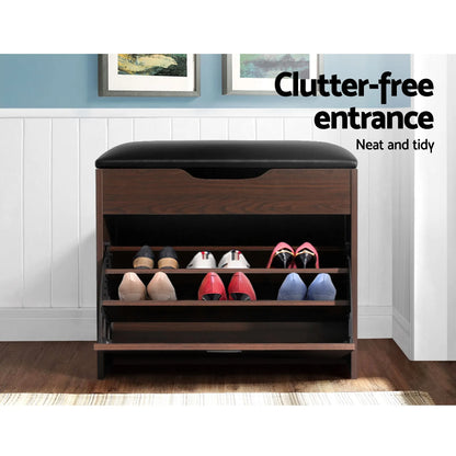 Artiss 2x Shoe Bench Set Flip Drawer Walnut - Image 5