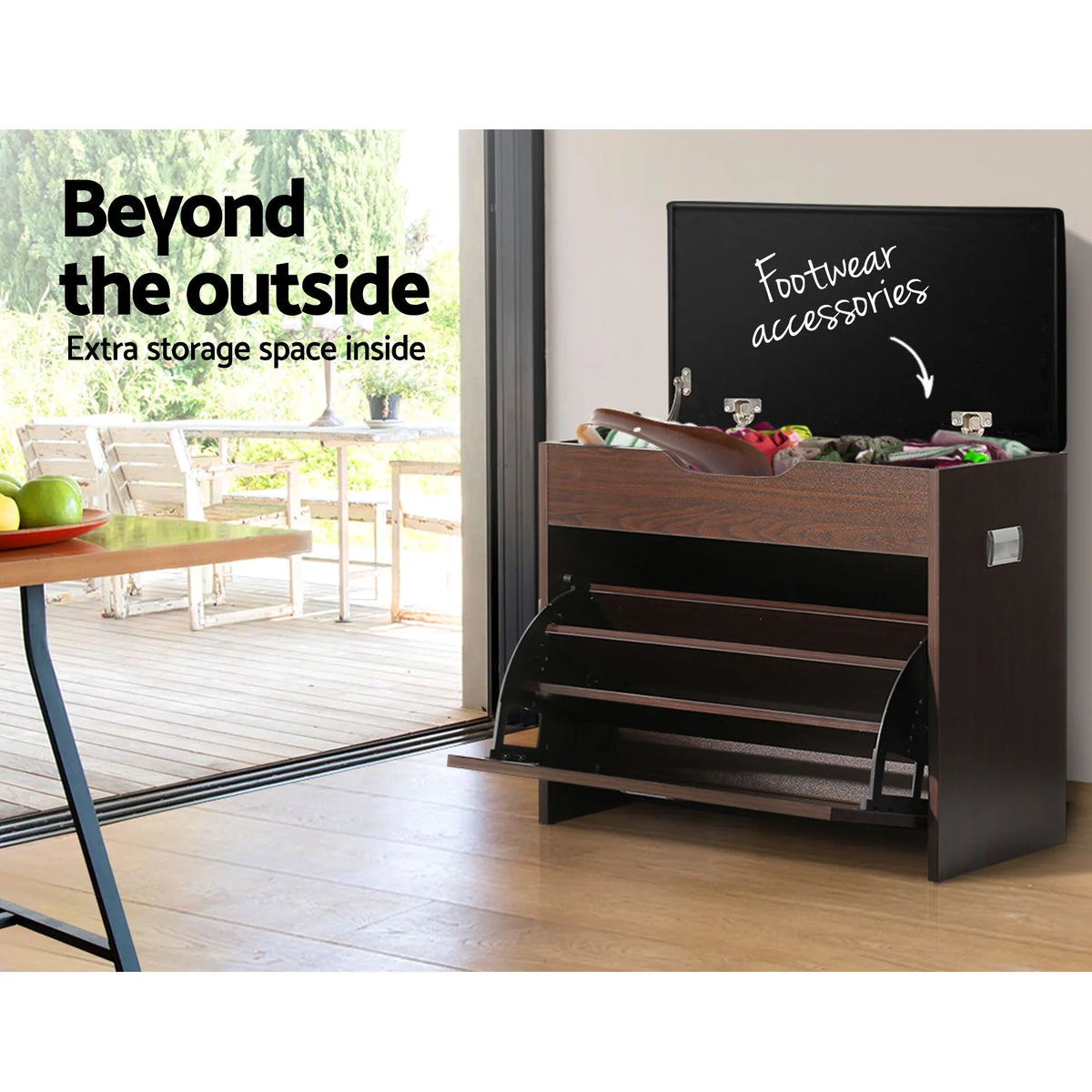 Artiss 2x Shoe Bench Set Flip Drawer Walnut - Image 6