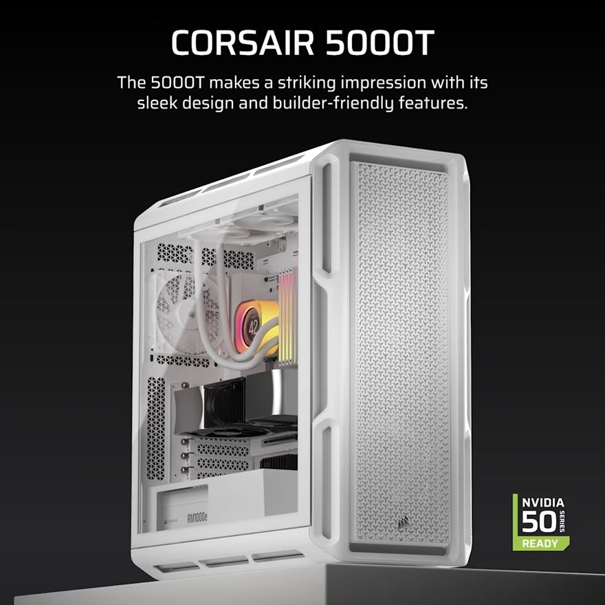 Corsair 5000T Mid-Tower High-Performance PC Case - White, ATX, 450mm GPU, 250mm PSU, 170mm CPU co... - Image 3