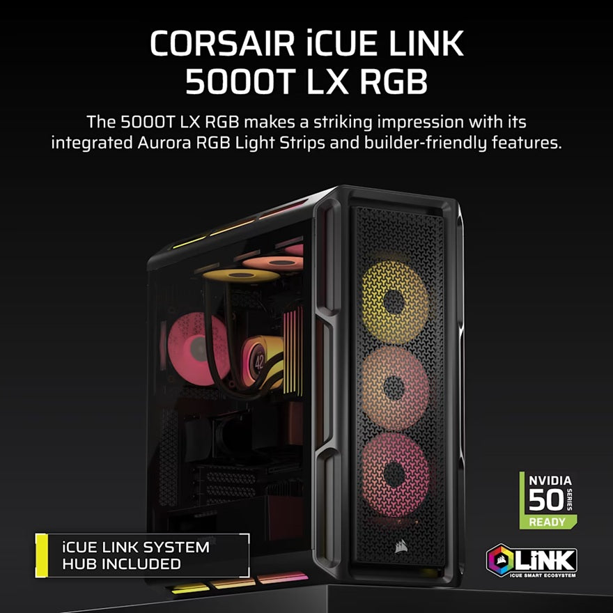 Corsair iCUE LINK 5000T LX RGB Mid-Tower High-Performance PC Case - Black, ATX, 450mm GPU, 170mm... - Image 2