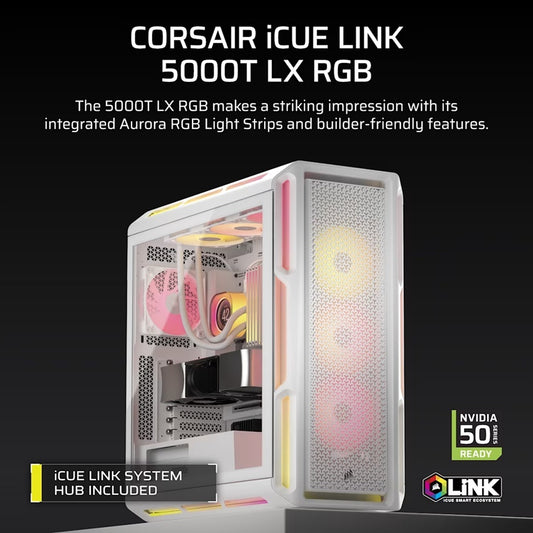 Corsair iCUE LINK 5000T LX RGB Mid-Tower High-Performance PC Case - White, ATX, 450mm GPU, 170mm... - Image 2