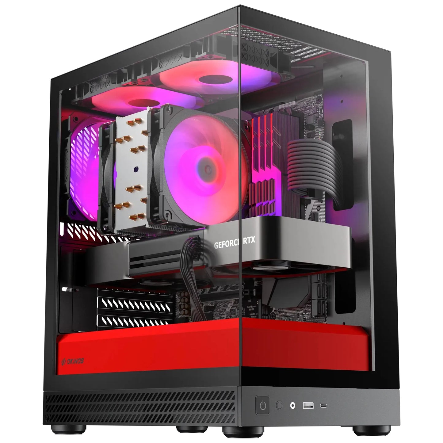 OKINOS AQUA UNO SCARLET, Mini Tower, Micro-ATX/ITX, 270° Tempered Glass, USB-C 5Gbps, 3× ARGB Fan...