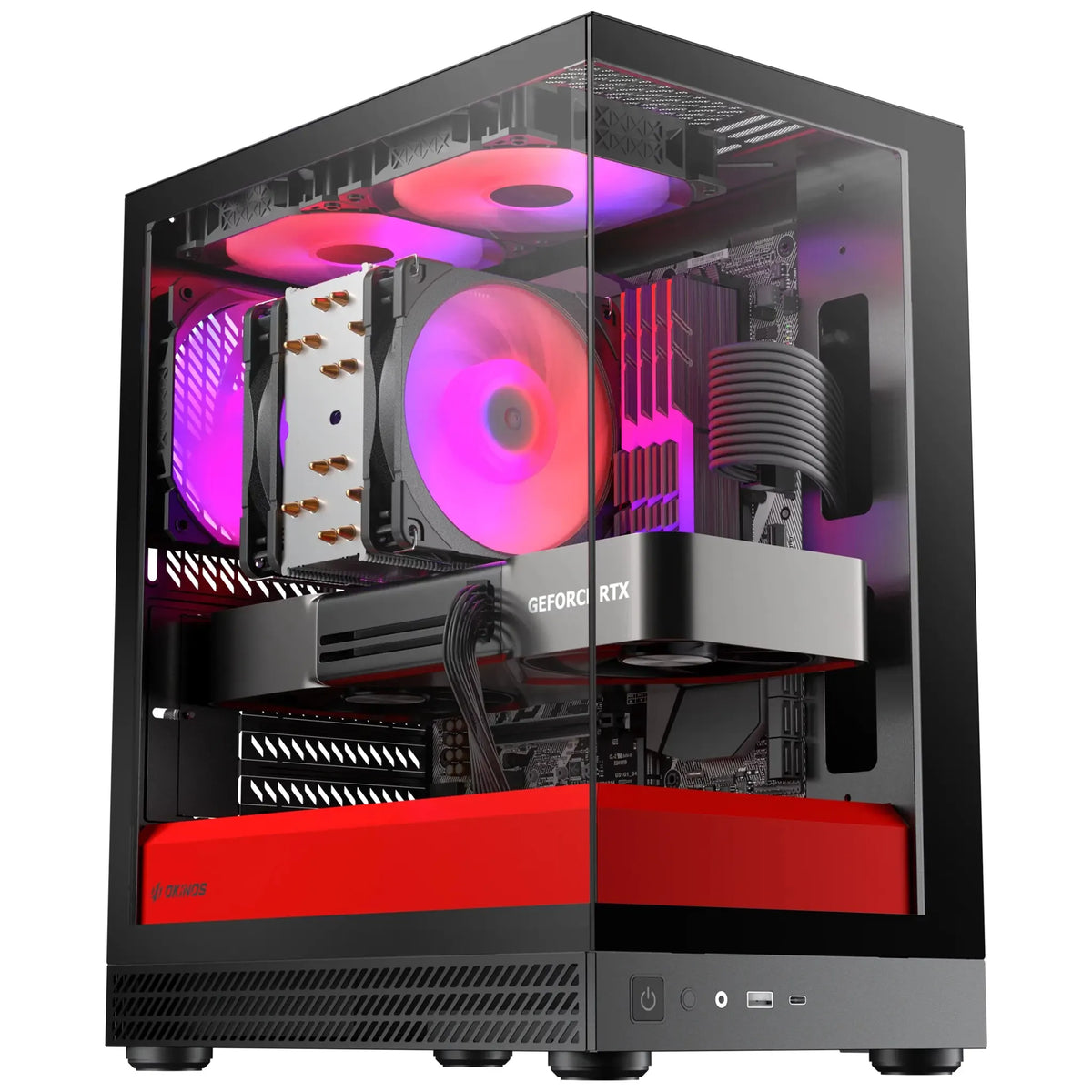 OKINOS AQUA UNO SCARLET, Mini Tower, Micro-ATX/ITX, 270° Tempered Glass, USB-C 5Gbps, 3× ARGB Fan...