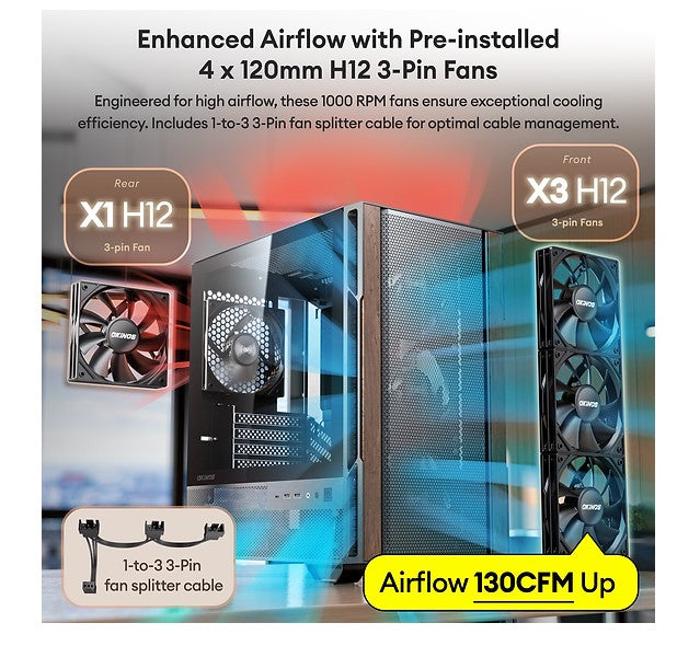 OKINOS Cypress 3 Genuine Walnut Wood MicroATX  with 4×120mm, USB-C, 3 Pin Non-PWM Case Fans Pre-I... - Image 2