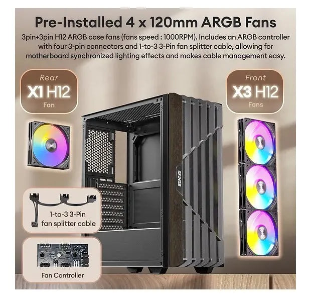 OKINOS Cypress P5 ARGB Oak Wood Trim ATX, 4x120mm ARGB Non-PWM Fans Pre-Installed,Type-C,Tempered... - Image 3