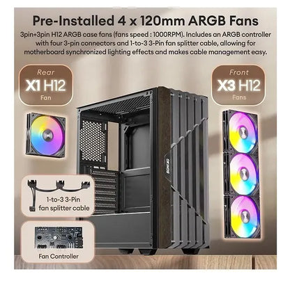 OKINOS Cypress P5 ARGB Oak Wood Trim ATX, 4x120mm ARGB Non-PWM Fans Pre-Installed,Type-C,Tempered... - Image 3