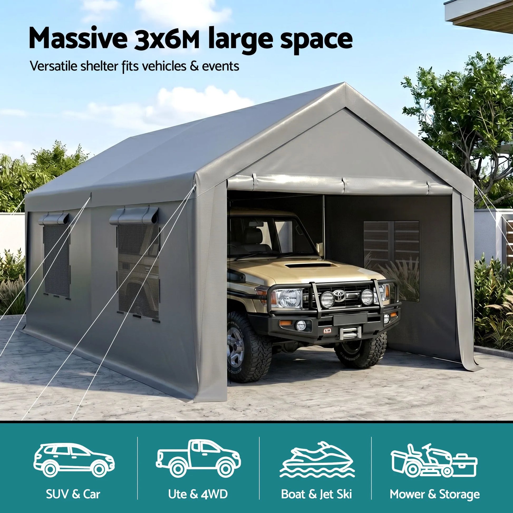 Instahut 3x6m Carports Canopy Tent Portable Garage Outdoor Steel Shelter Grey - Image 5