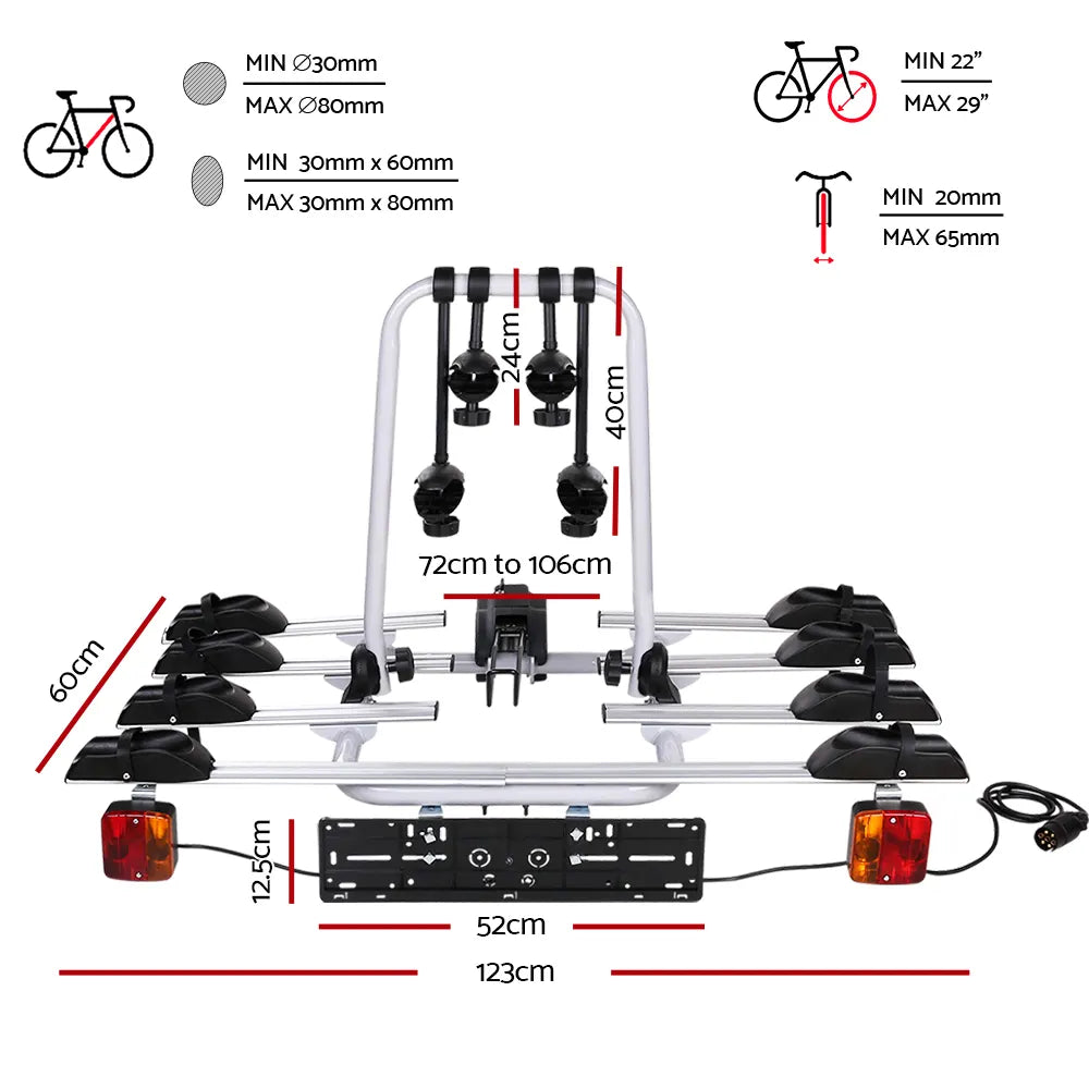Giantz 4 Bicycle Bike Carrier Rack Car Towbar Hitch Ball Mount Tail light Silver - Image 2