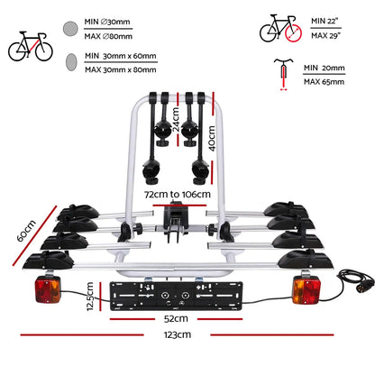 Giantz 4 Bicycle Bike Carrier Rack Car Towbar Hitch Ball Mount Tail light Silver - Image 2