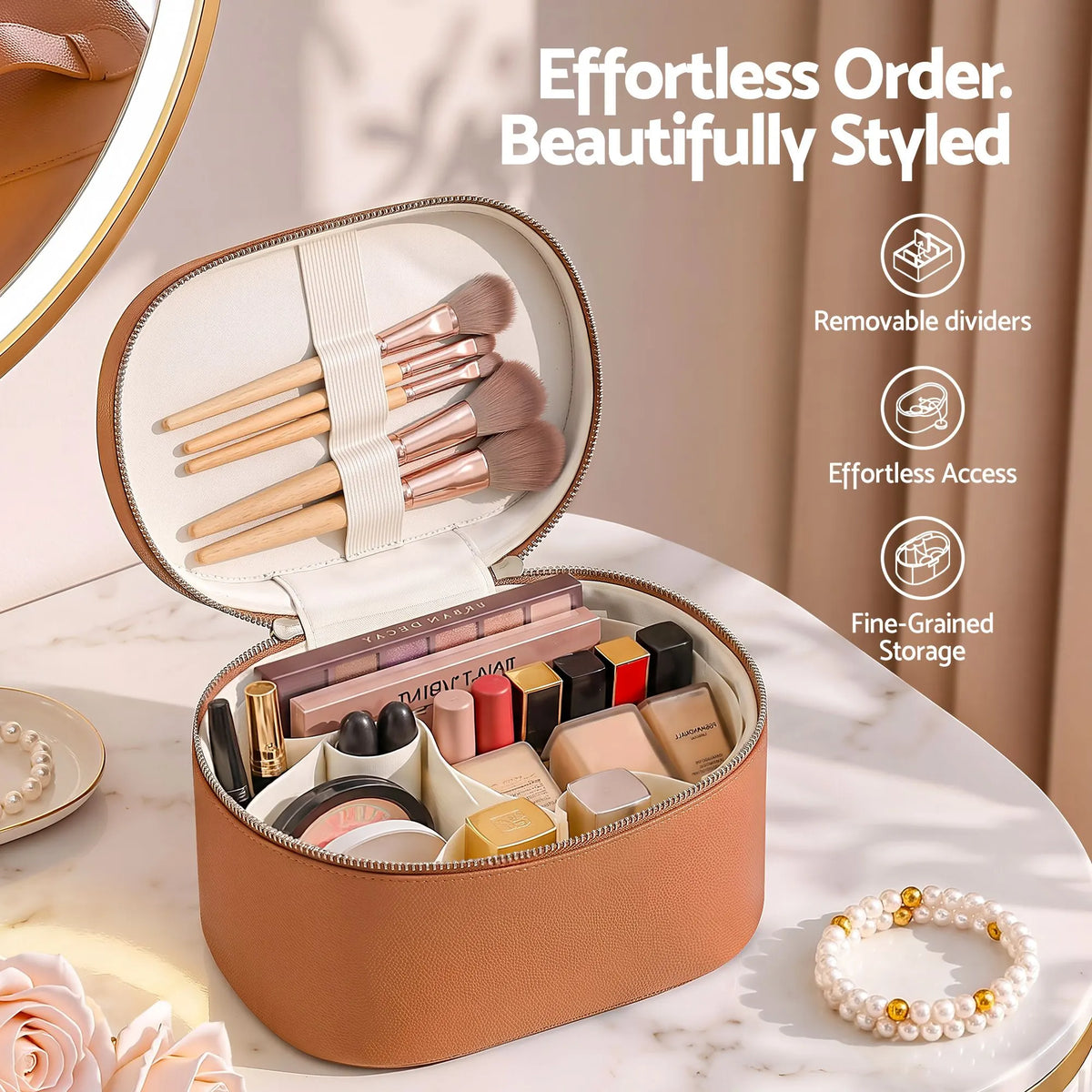 Embellir Makeup Case for Women Travel PU Cosmetic Organizer Brown - Image 4