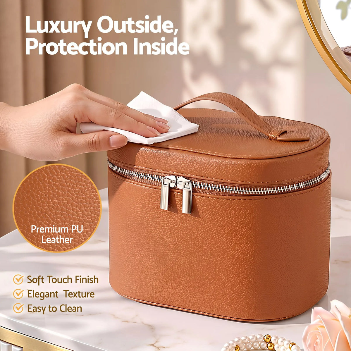 Embellir Makeup Case for Women Travel PU Cosmetic Organizer Brown - Image 7