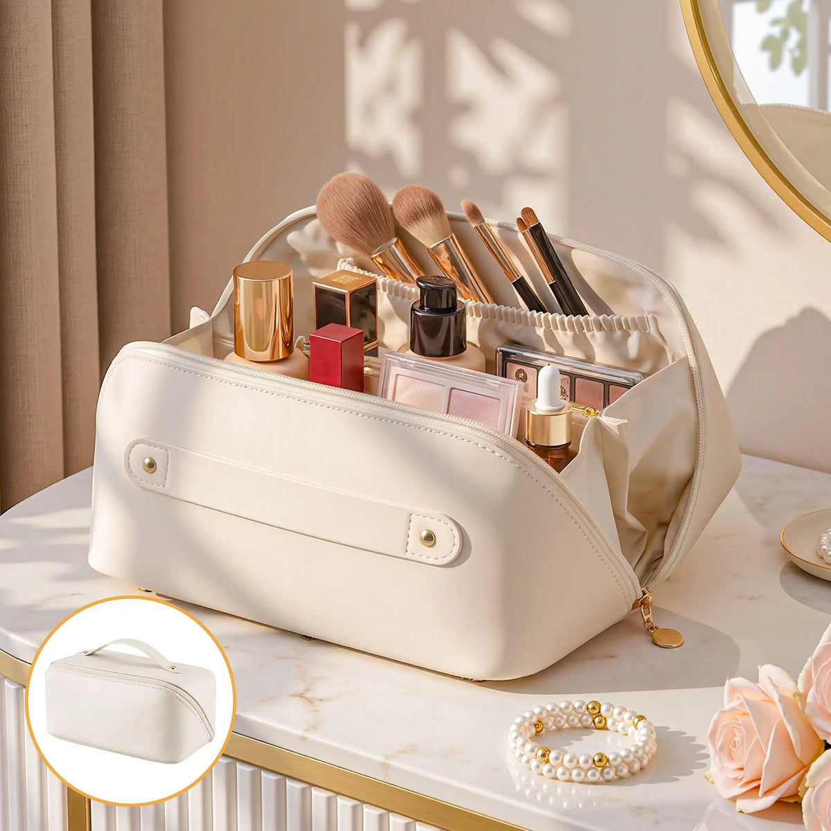 Embellir Makeup Case Portable Cosmetic Bag Organiser Toiletry Travel Bag PU White - Image 9