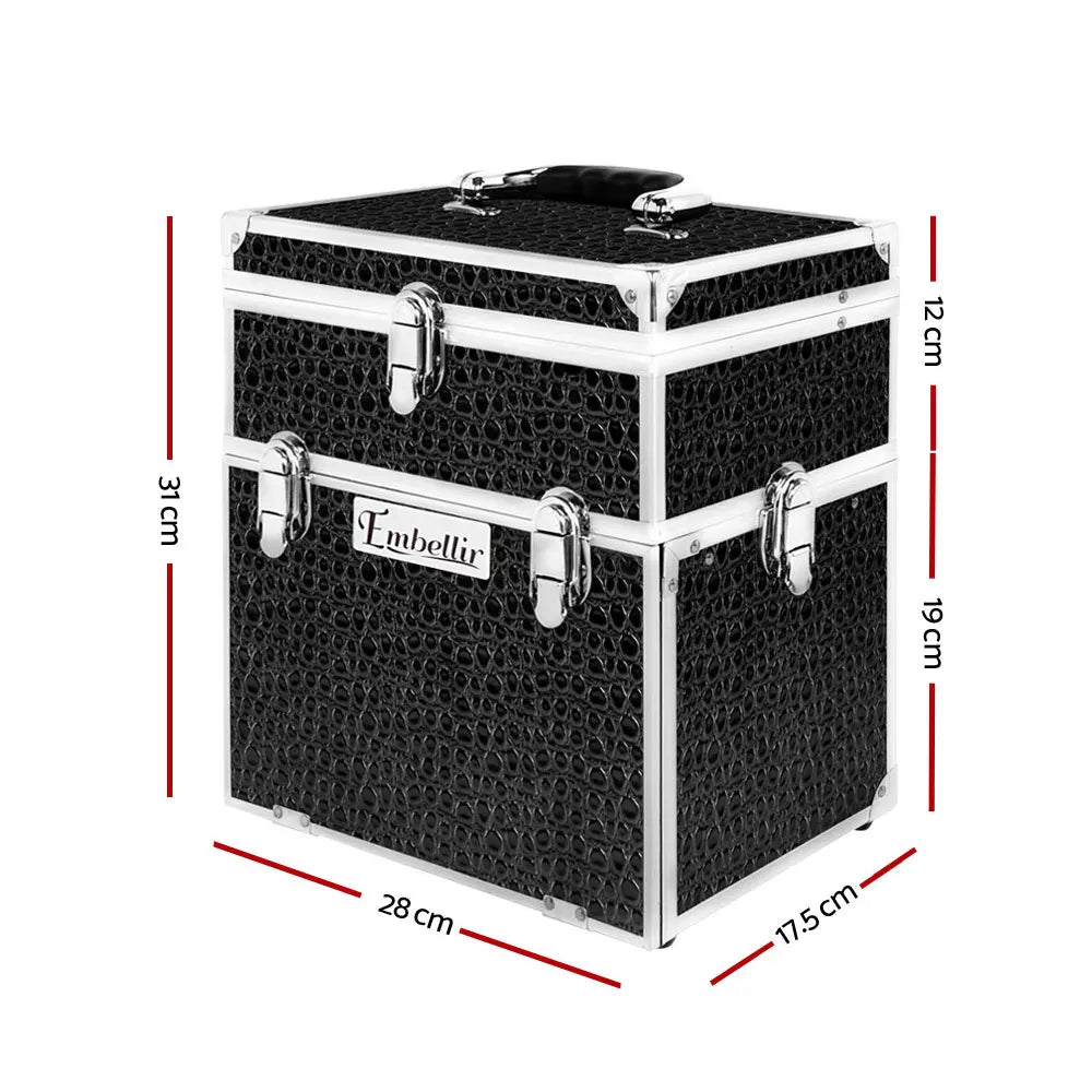 Embellir Portable Cosmetic Beauty Makeup Carry Case with Mirror - Crocodile Black - Image 2