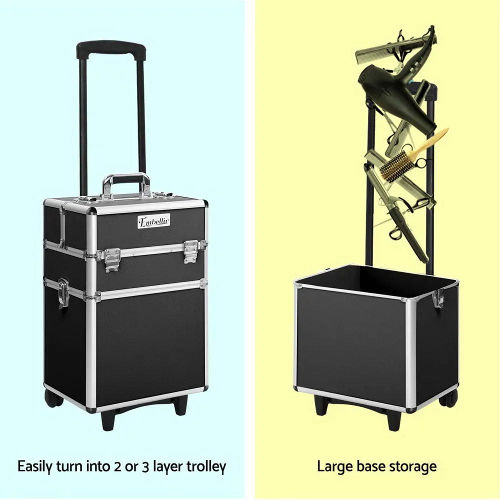 Embellir Makeup Case Beauty Trolley Cosmetic Organiser Box Travel Wheels Black - Image 4