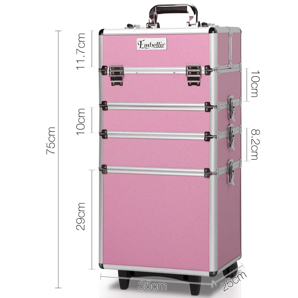 Embellir Makeup Case Beauty Trolley Cosmetic Organiser Box Travel Wheels Pink - Image 2