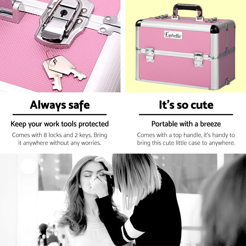 Embellir Makeup Case Beauty Trolley Cosmetic Organiser Box Travel Wheels Pink - Image 4