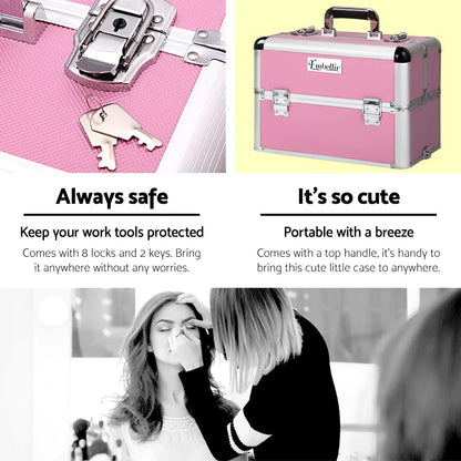 Embellir Makeup Case Beauty Trolley Cosmetic Organiser Box Travel Wheels Pink - Image 4