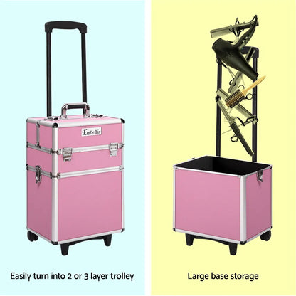 Embellir Makeup Case Beauty Trolley Cosmetic Organiser Box Travel Wheels Pink - Image 5