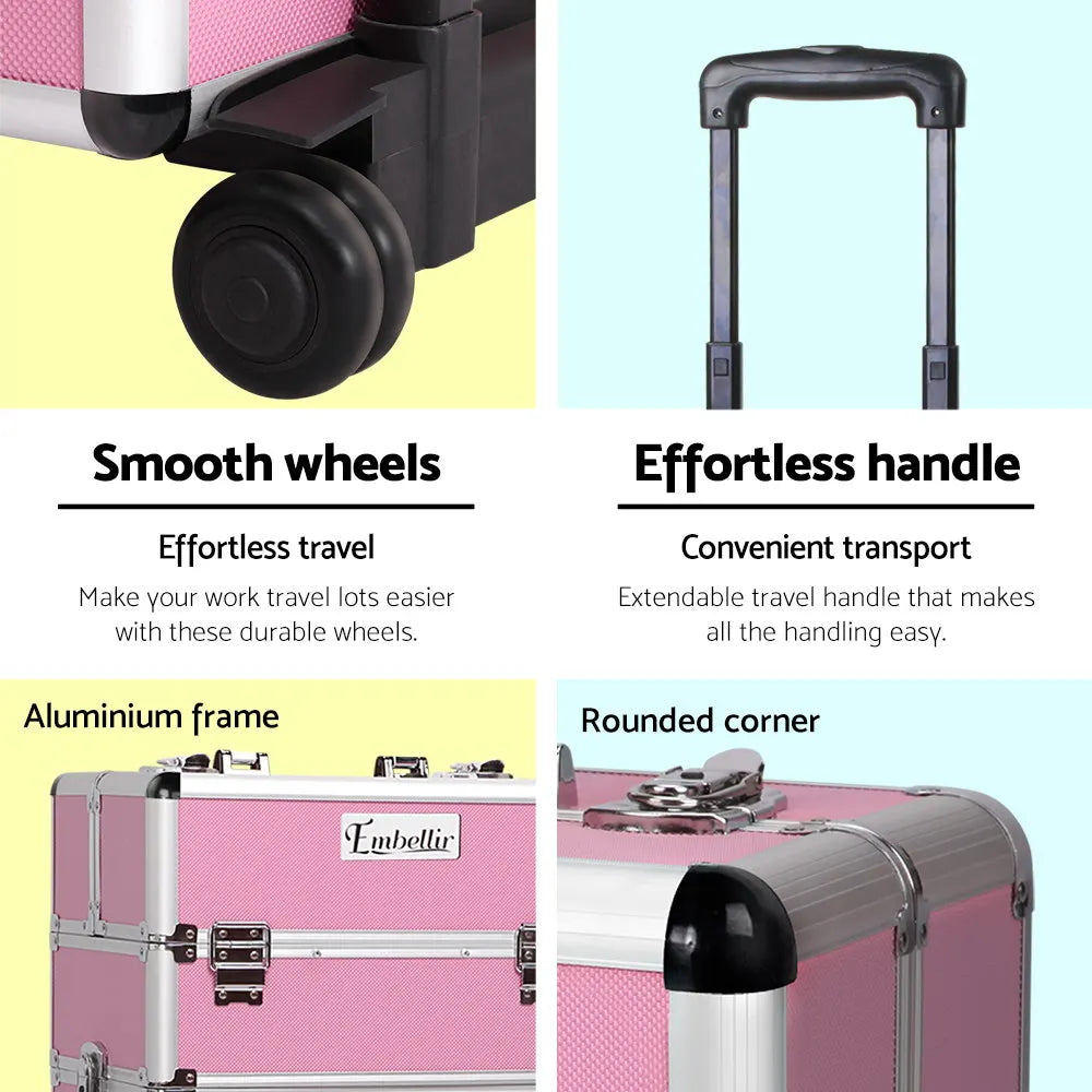 Embellir Makeup Case Beauty Trolley Cosmetic Organiser Box Travel Wheels Pink - Image 6