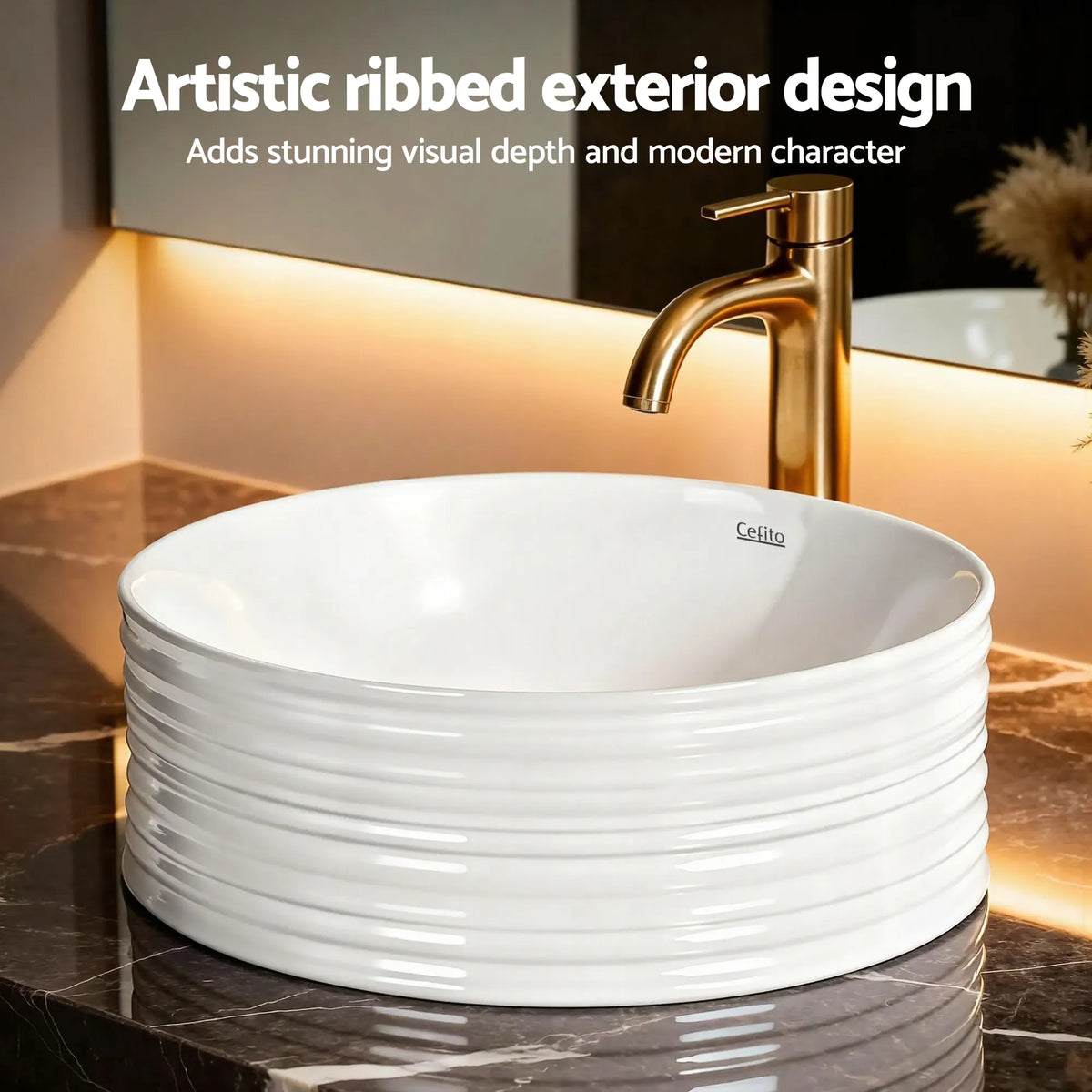 Cefito Bathroom Basin Vanity Sink Vessel Ceramic White Round Countertop 36cm - Image 5
