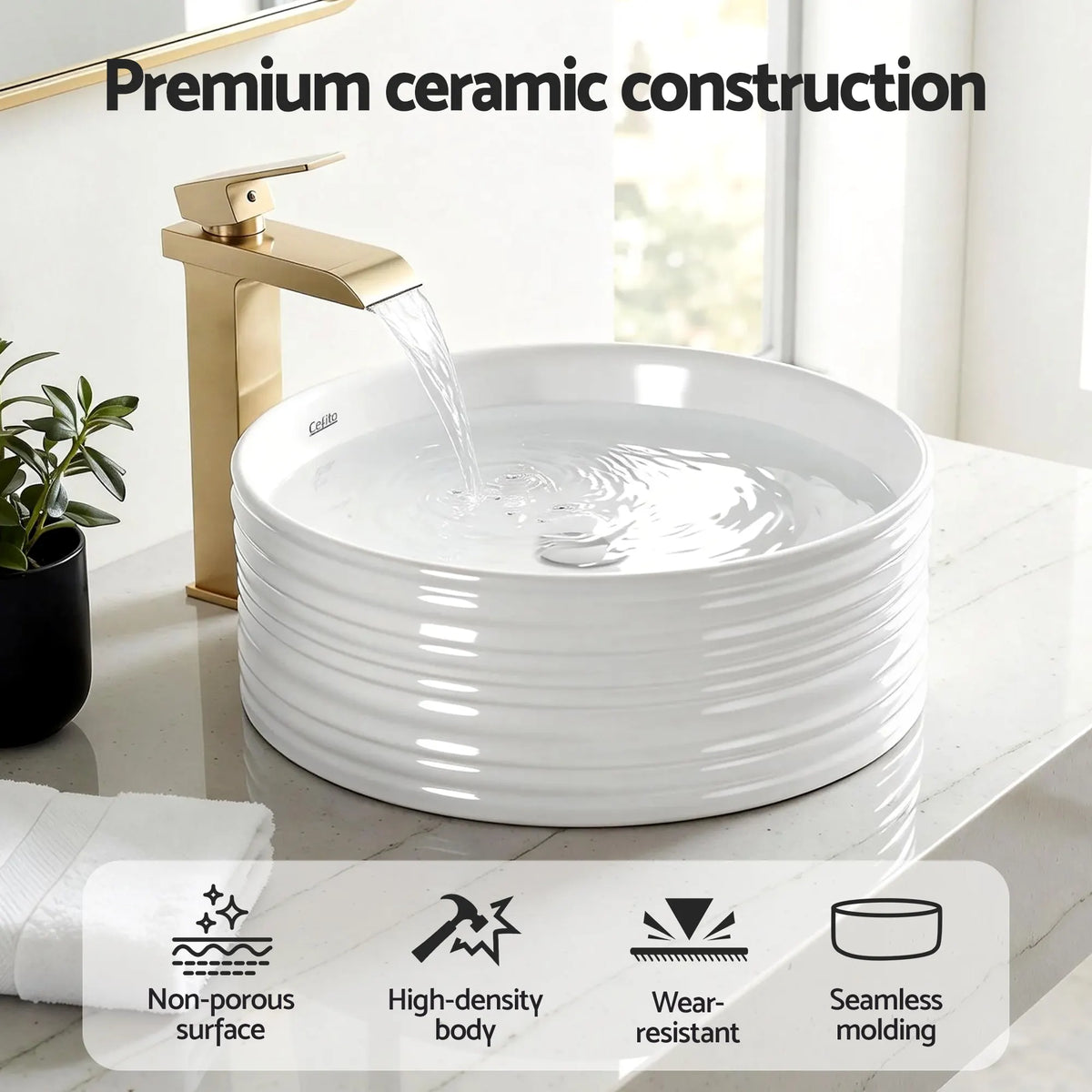 Cefito Bathroom Basin Vanity Sink Vessel Ceramic White Round Countertop 36cm - Image 7