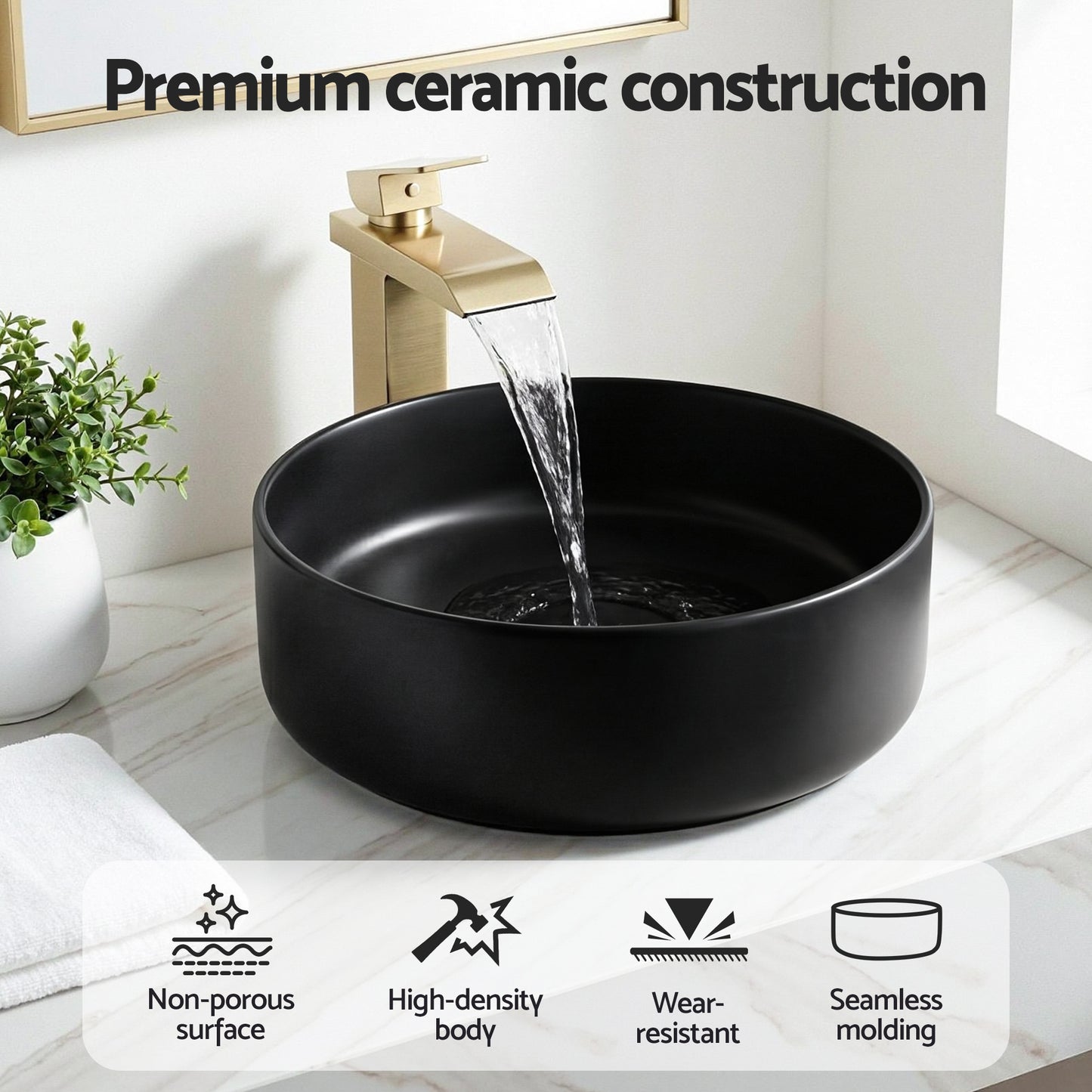 Cefito Bathroom Basin Ceramic Vanity Sink Vessel Bowl Wash Matte Black Round Countertop - Image 5