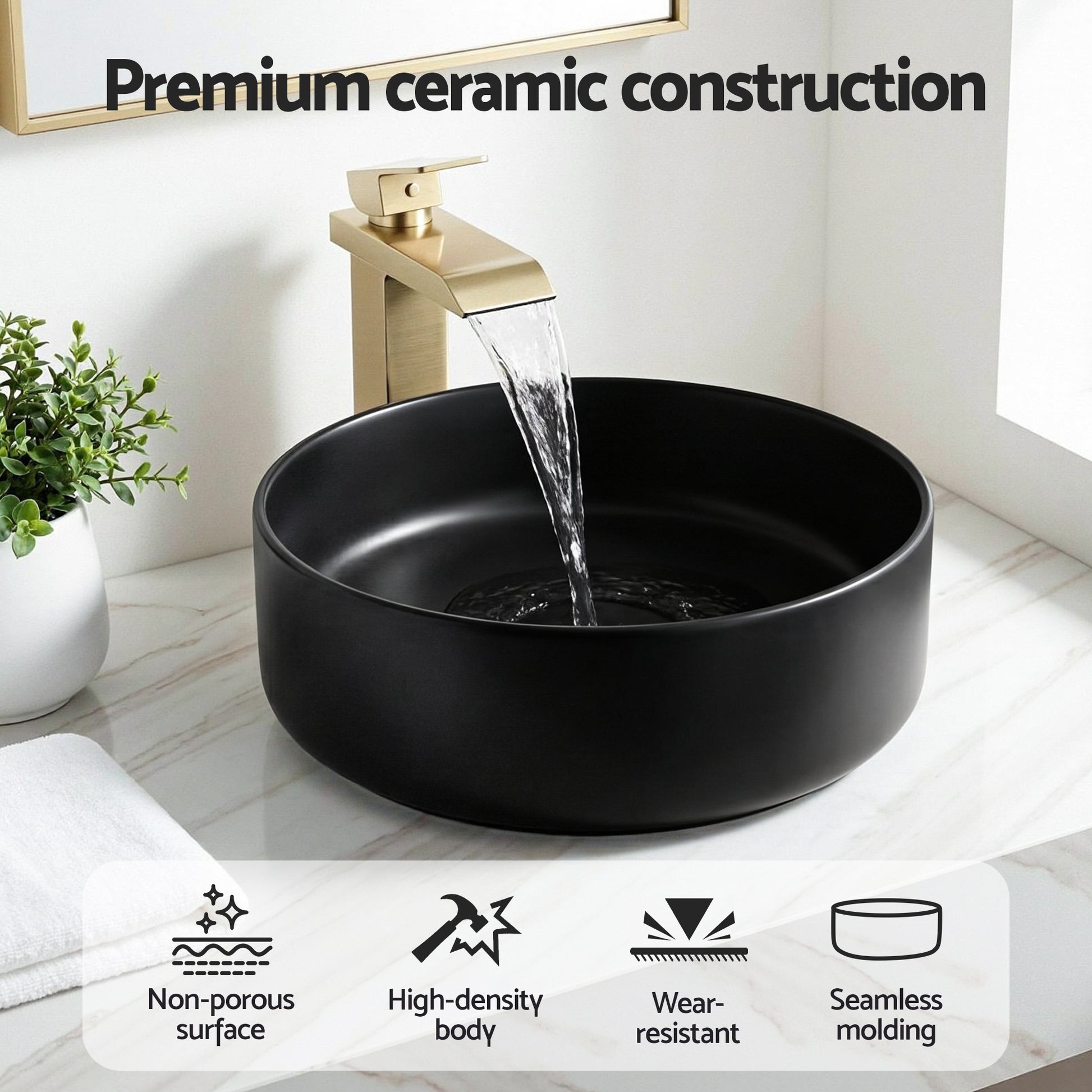 Cefito Bathroom Basin Ceramic Vanity Sink Vessel Bowl Wash Matte Black Round Countertop - Image 5