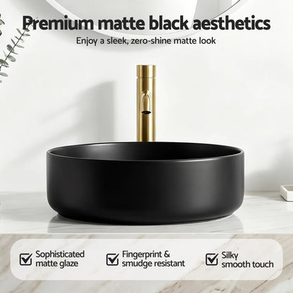 Cefito Bathroom Basin Ceramic Vanity Sink Vessel Bowl Wash Matte Black Round Countertop - Image 6