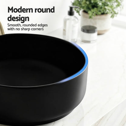 Cefito Bathroom Basin Ceramic Vanity Sink Vessel Bowl Wash Matte Black Round Countertop - Image 7