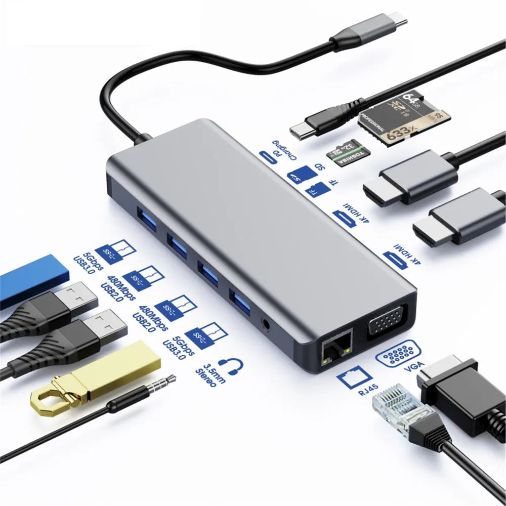 Astrotek USB-C Dock 12-in-1 Multiport Hub/Docking Station with 100W Power 2xHDMI 4K VGA GLAN 2xUS...