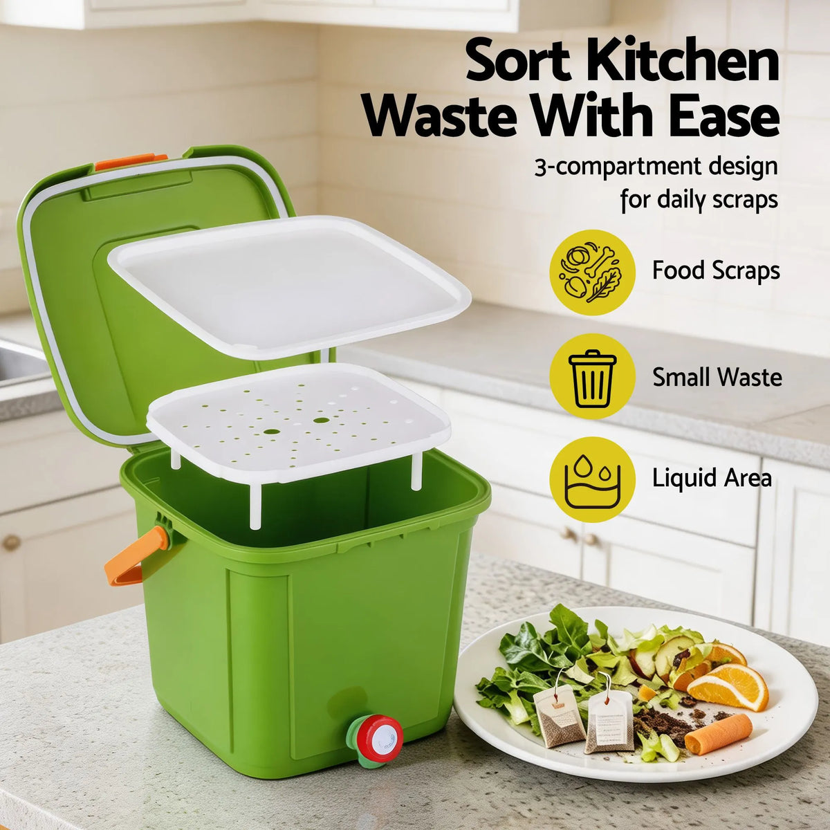 Gardeon 15L Kitchen Compost Bin Food Waste Caddy Drain Tap Green - Image 4