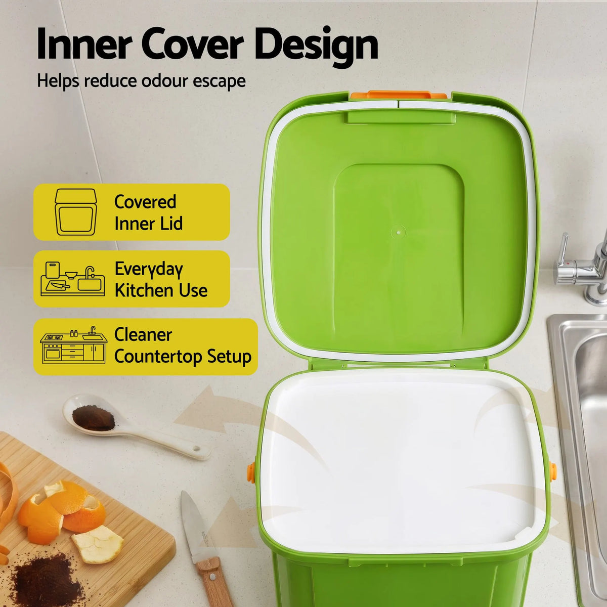 Gardeon 15L Kitchen Compost Bin Food Waste Caddy Drain Tap Green - Image 5