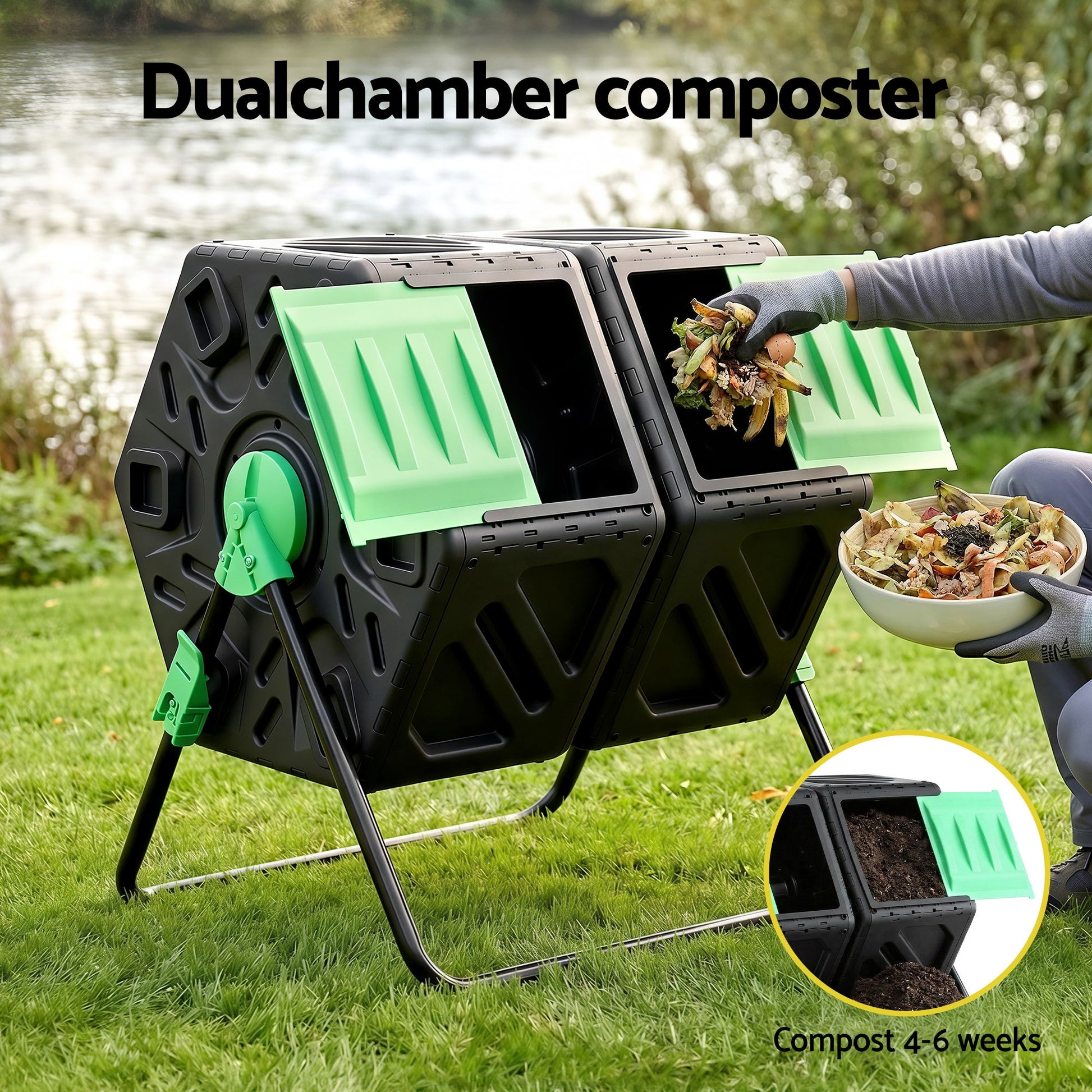Gardeon Compost Bin Dual-Chamber 130L Composter Tumbler Rotating Garden Recycle Food Waste - Image 5