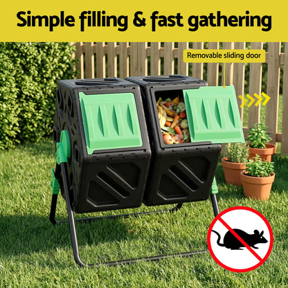 Gardeon Compost Bin Dual-Chamber 130L Composter Tumbler Rotating Garden Recycle Food Waste - Image 6