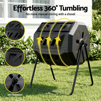 Gardeon Compost Bin Dual-Chamber 160L Composter Tumbler Rotating Garden Recycle Food Waste - Image 4