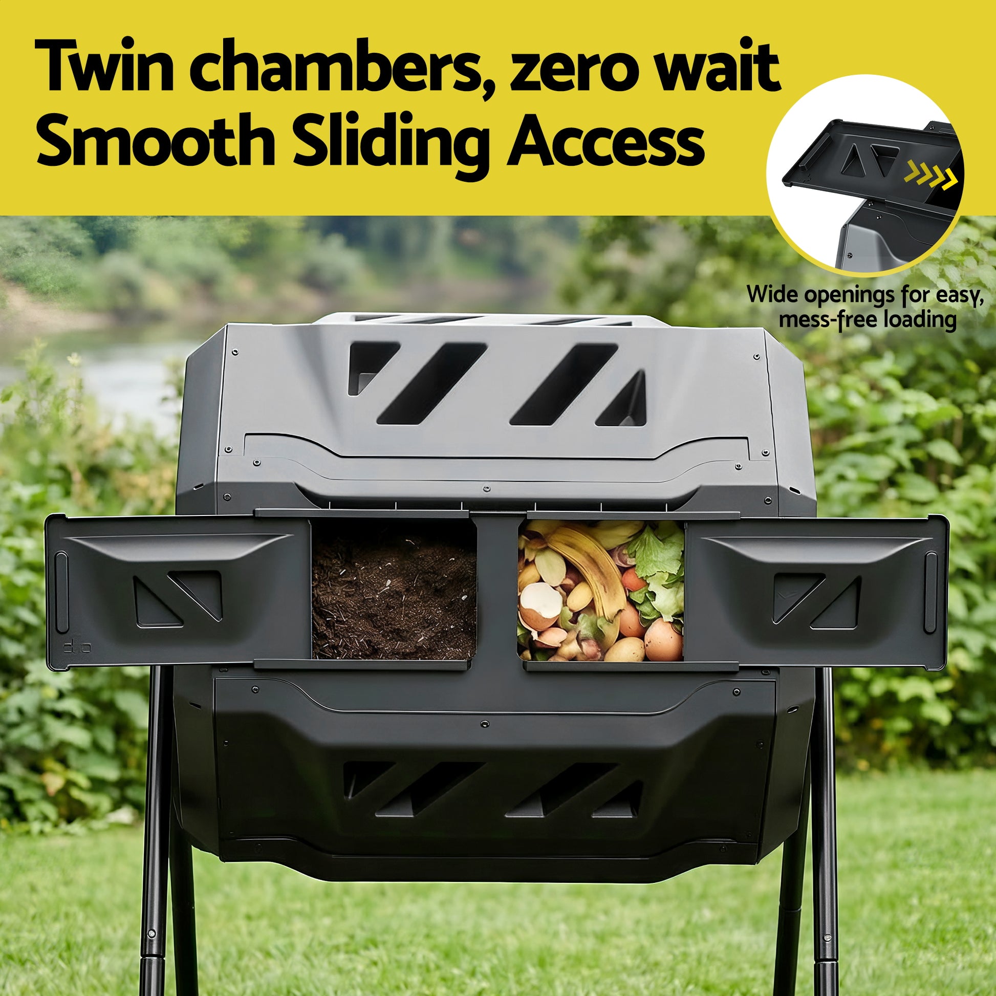 Gardeon Compost Bin Dual-Chamber 160L Composter Tumbler Rotating Garden Recycle Food Waste - Image 5