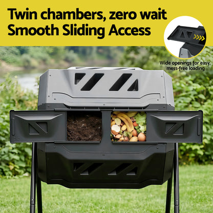 Gardeon Compost Bin Dual-Chamber 160L Composter Tumbler Rotating Garden Recycle Food Waste - Image 5