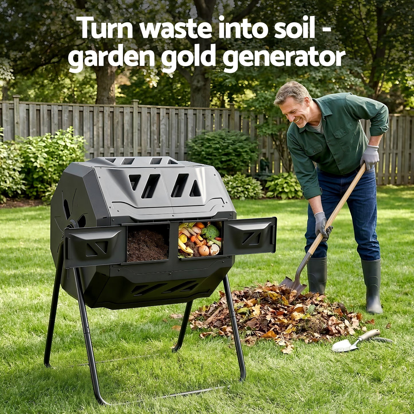 Gardeon Compost Bin Dual-Chamber 160L Composter Tumbler Rotating Garden Recycle Food Waste - Image 6