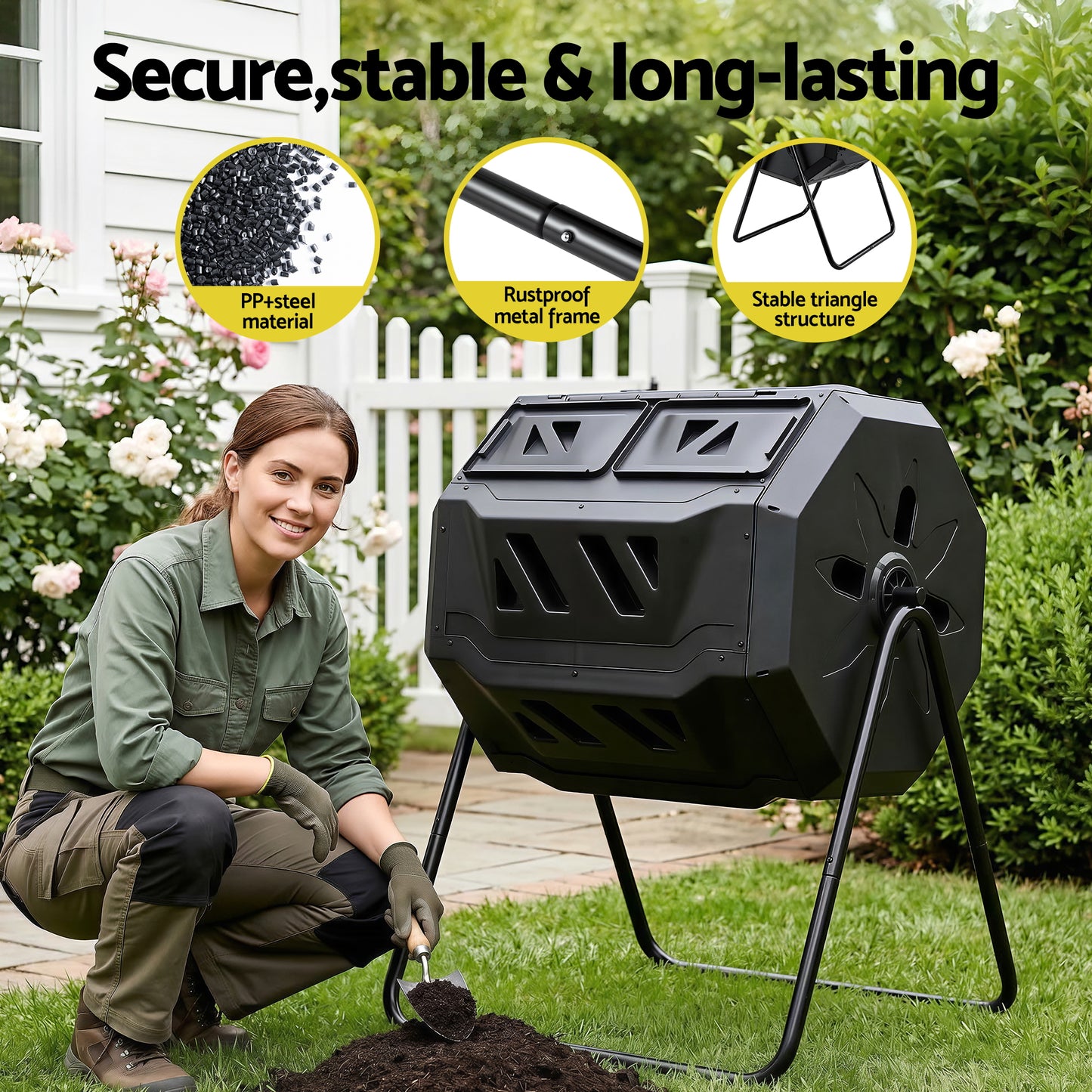 Gardeon Compost Bin Dual-Chamber 160L Composter Tumbler Rotating Garden Recycle Food Waste - Image 7